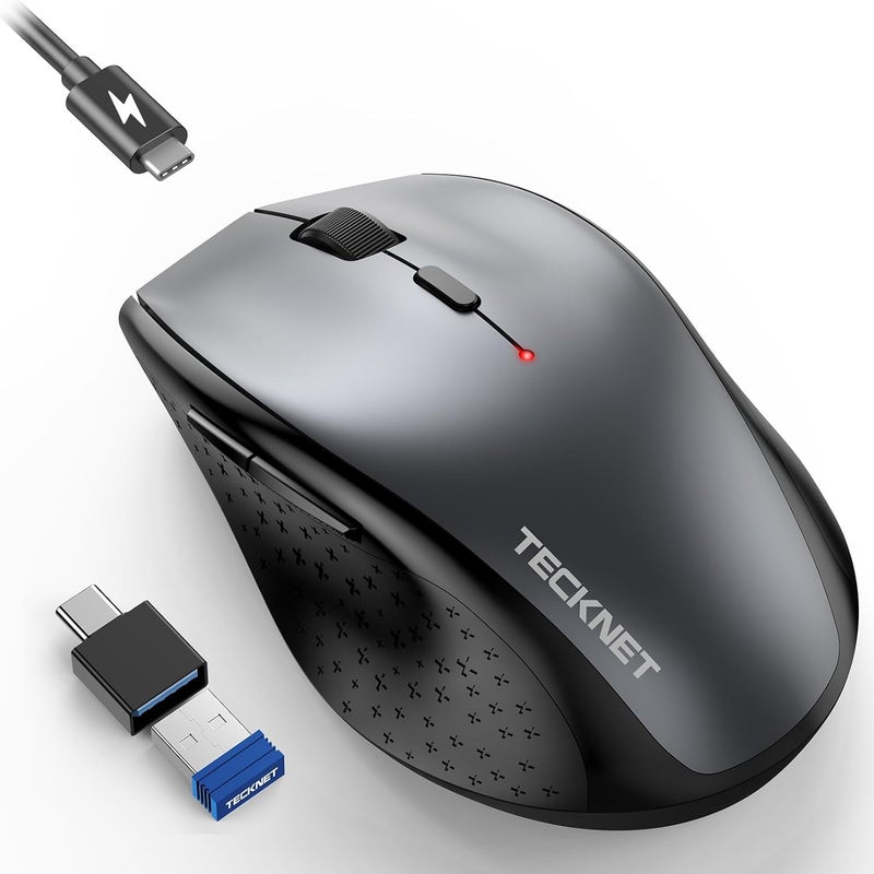 TECKNET فأرة لاسلكية جوجلر، فأرة قابلة للشحن عبر USB-C، فأرة صامتة مع محول USB-C، فأرة مريحة بدقة 6400 نقطة في البوصة، مدمجة مع محرك فأرة، فأرات كمبيوتر 2.4G لجهاز ماك، لابتوب، سطح مكتب، كمبيوتر شخصي - Image 1